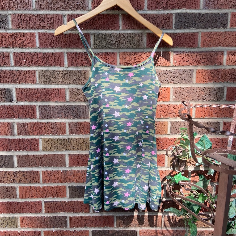 Bobbie Brooks Green Camouflage and Pink Star Spaghetti Strap Dress